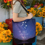 Libra | Personalized Zodiac Constellation Tote Bag<br><div class="desc">Our Libra birth sign tote bag is perfect for anyone inspired by astrology and new age mysticism. With a beautiful dark starry sky backdrop the constellation of Libra sits above the text and zodiac symbol. The horoscope text can be easily personalized and all elements can be resized, recolored or moved...</div>