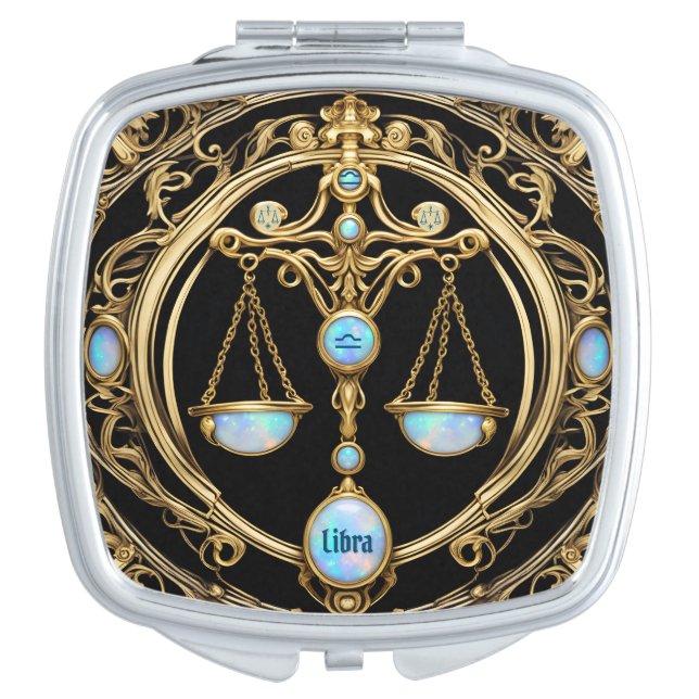 Libra Scales, Opal and Gold Personalized Zodiac  Compact Mirror (Front)