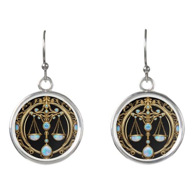 Libra Scales, Opal and Gold Personalized Zodiac  Earrings (Front)
