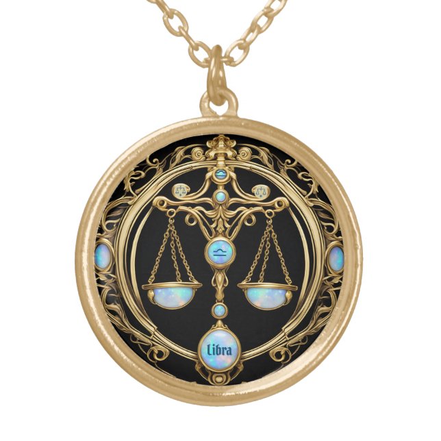 Libra Scales, Opal and Gold Personalized Zodiac  Gold Plated Necklace (Front)