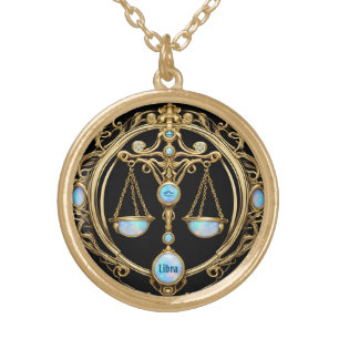 Libra Scales, Opal and Gold Personalized Zodiac  Plated Necklace
