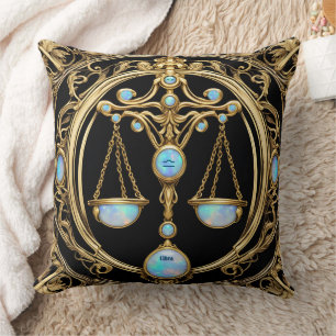 Libra Scales, Opal and Gold Personalized Zodiac Throw Pillow