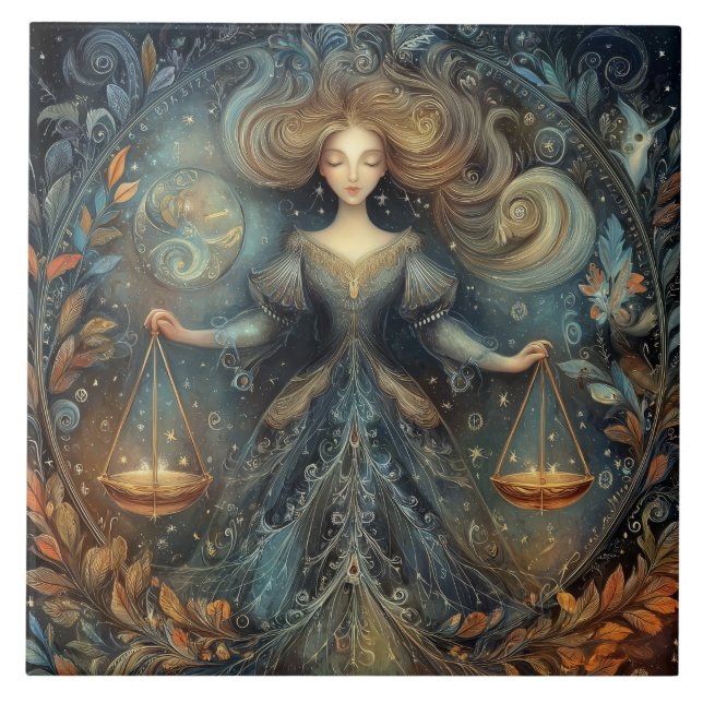 Libra Scales Zodiac Astrology Mystical Birthday Ceramic Tile (Front)