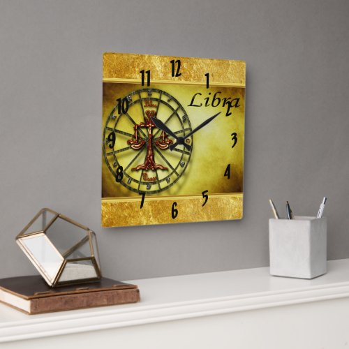 Libra Zodiac Astrology gold foil texture design Square Wall Clock