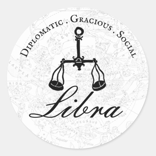 Libra Zodiac Astrology Personality Black White Classic Round Sticker