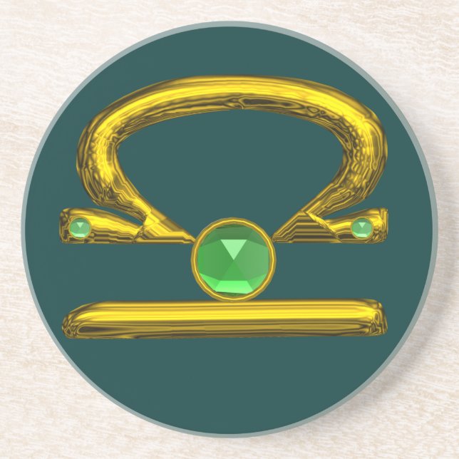 LIBRA ZODIAC BIRTHDAY JEWEL Emerald,Gold and Green Sandstone Coaster (Front)