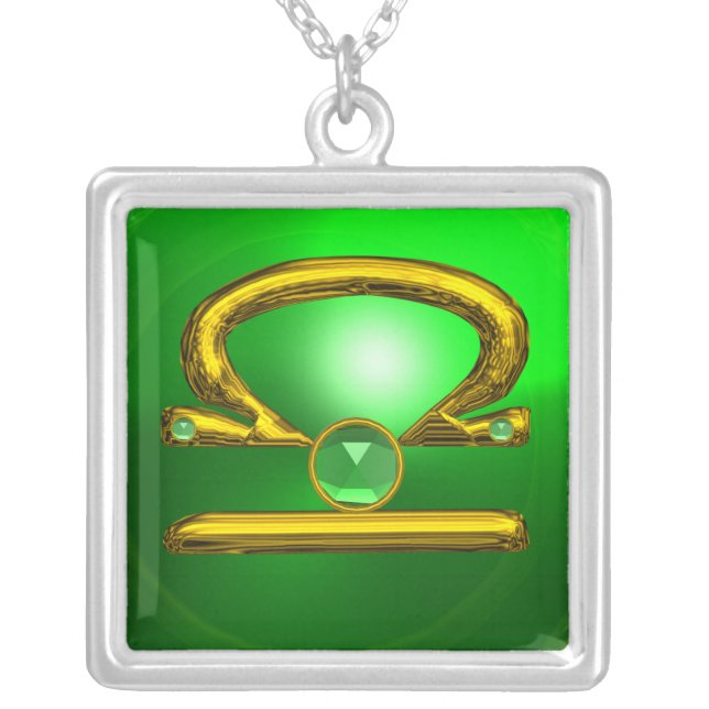 LIBRA ZODIAC BIRTHDAY JEWEL GREEN EMERALD Gold Silver Plated Necklace (Front)