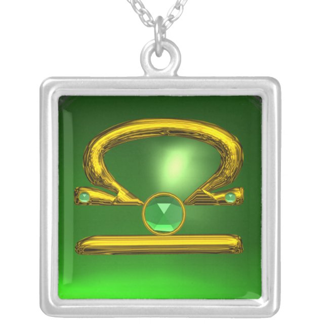 LIBRA ZODIAC BIRTHDAY JEWEL GREEN EMERALD Gold Silver Plated Necklace (Front)