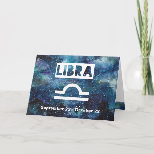 Libra Zodiac Blue Watercolor Galaxy Birthday Card