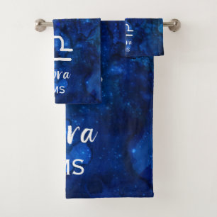 Libra Zodiac Constellation Blue Galaxy Monogram Bath Towel Set