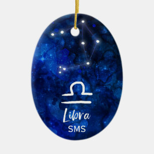 Libra Zodiac Constellation Blue Galaxy Monogram Ceramic Ornament