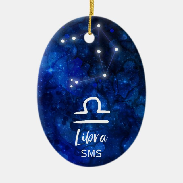 Libra Zodiac Constellation Blue Galaxy Monogram Ceramic Ornament (Front)
