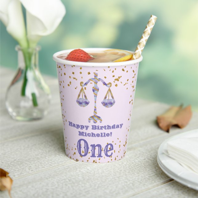 Libra Zodiac First Birthday & Gold Confetti   Paper Cups (Insitu)