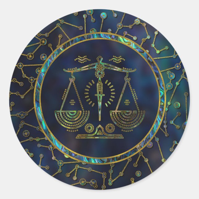 Libra Zodiac Gold Abalone on Constellation Classic Round Sticker (Front)