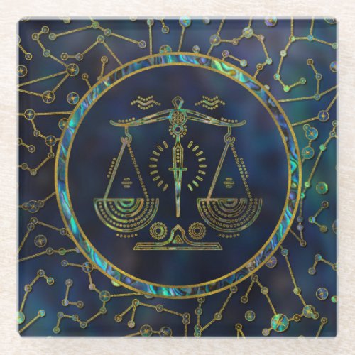 Libra Zodiac Gold Abalone on Constellation Glass Coaster