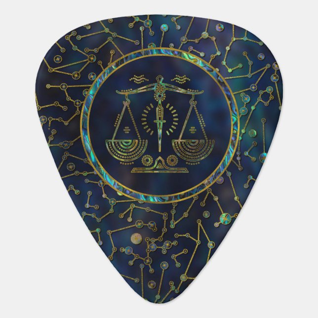 Libra Zodiac Gold Abalone on Constellation Guitar Pick (Front)