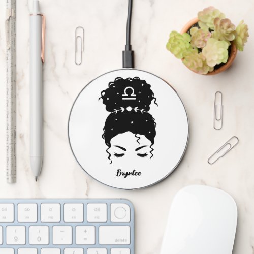 Libra zodiac messy bun eyebrows personalized wireless charger 