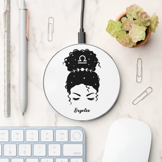 Libra zodiac messy bun eyebrows personalized wireless charger  (Desk)