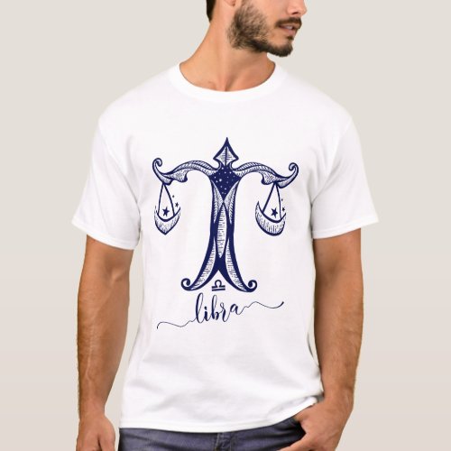 Libra Zodiac Navy Blue Monochrome Graphic T_Shirt