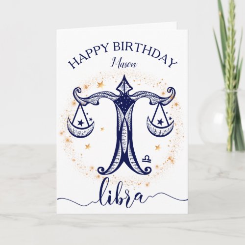 Libra Zodiac Navy  Gold Monochrome Birthday Card