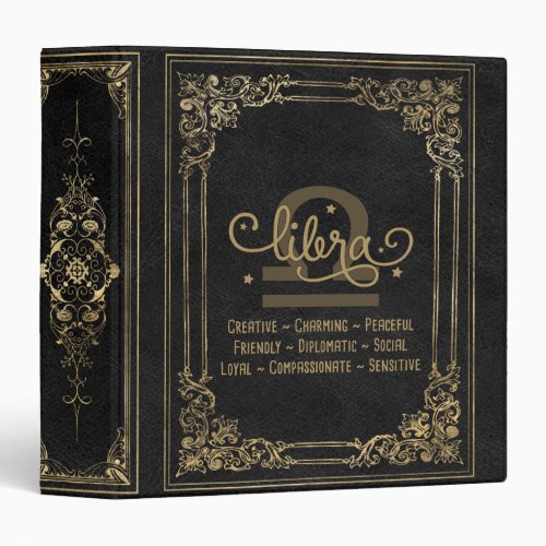 Libra Zodiac  Ornamental Black and Gold Album 3 Ring Binder