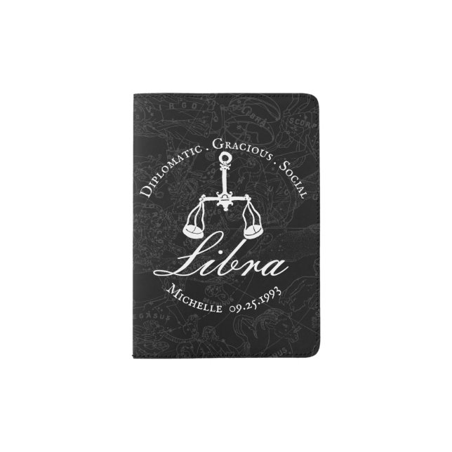 Libra Zodiac Sign Astrology Custom Black White Passport Holder (Front)