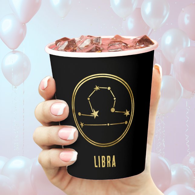 Libra Zodiac Sign Astrology Gold & Black Paper Cups (gold libra zodiac sign paper cup with black background)