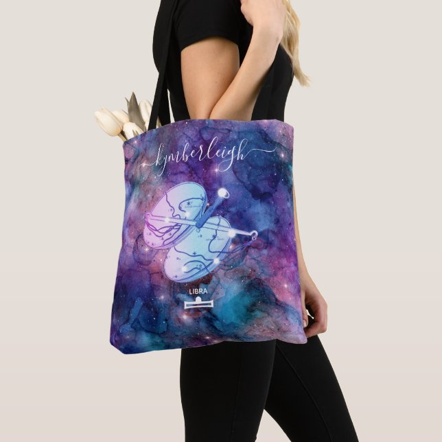 Libra Zodiac Sign Cosmic Monogram Name Pink Blue Tote Bag (Close Up)