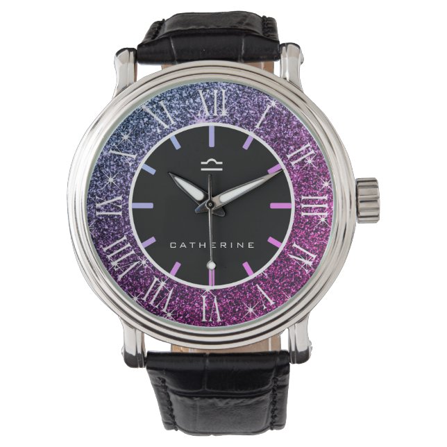 Libra Zodiac Sign Luxury Pink Purple Glitter Stars Watch (Front)