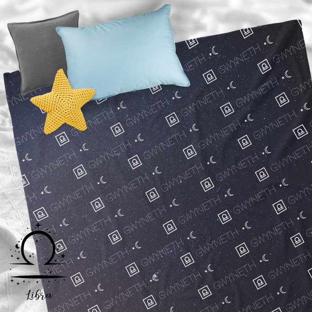 Libra Zodiac Sign Name Constellation Astrology Fleece Blanket (Libra Zodiac Sign Symbol Personalized Repeating Name Seamless Pattern Stars Night Sky Moon Blanket 
)