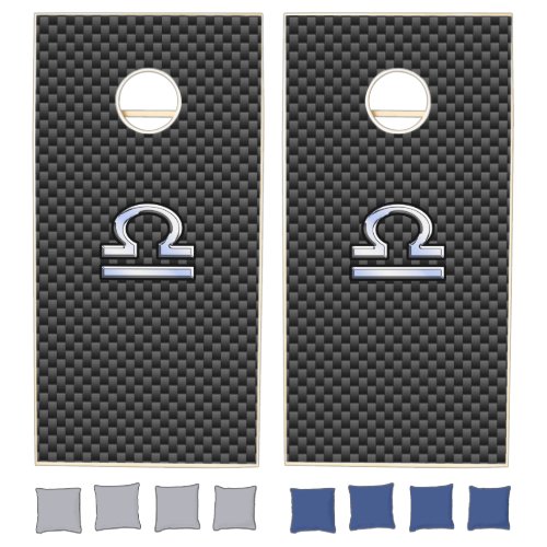 Libra Zodiac Sign on Black Carbon Fiber Print Cornhole Set