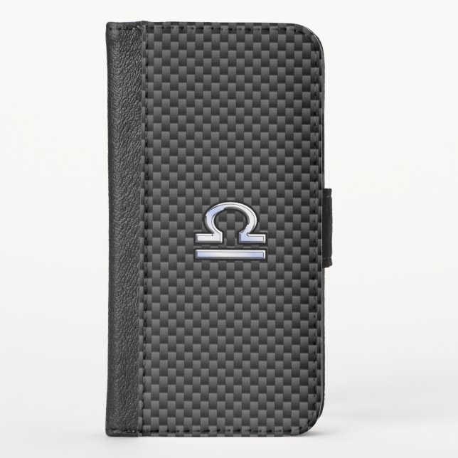 Libra Zodiac Sign on Black Carbon Fiber Print iPhone Wallet Case (Front)