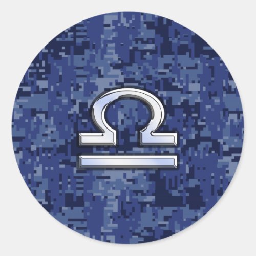 Libra Zodiac Sign on Blue Digital Camouflage Classic Round Sticker