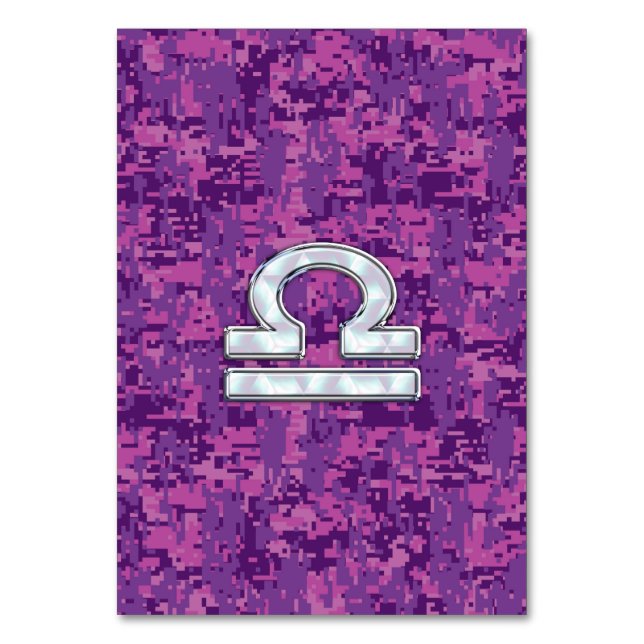 Libra Zodiac Sign on Fuchsia Digital Camo Table Number (Front)