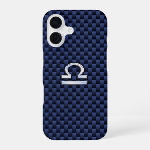 Libra Zodiac Sign on Navy Blue Carbon Fiber iPhone 16 Case