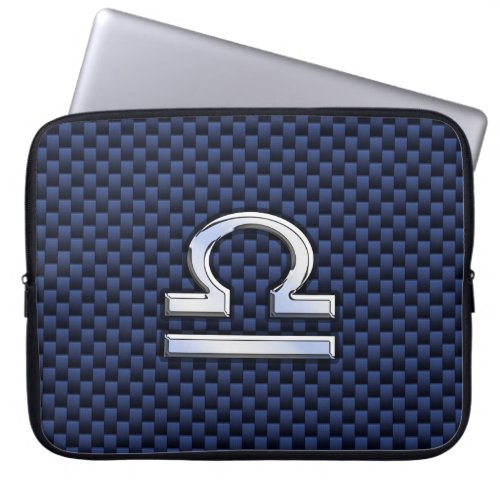 Libra Zodiac Sign on Navy Carbon Fiber Style Laptop Sleeve