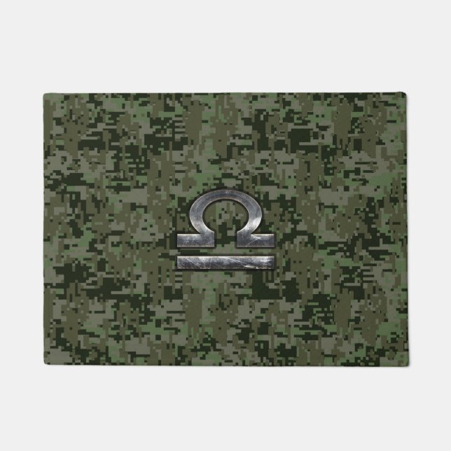 Libra Zodiac Sign on olive green digital camo Doormat (Front)