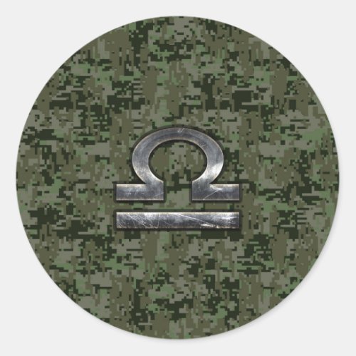 Libra Zodiac Sign on Woodland Green digital camo Classic Round Sticker