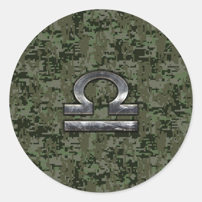 Libra Zodiac Sign on Woodland Green digital camo Classic Round Sticker (Front)