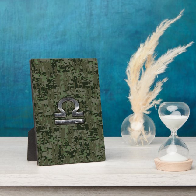 Libra Zodiac Sign on Woodland Green digital camo Plaque (Side)