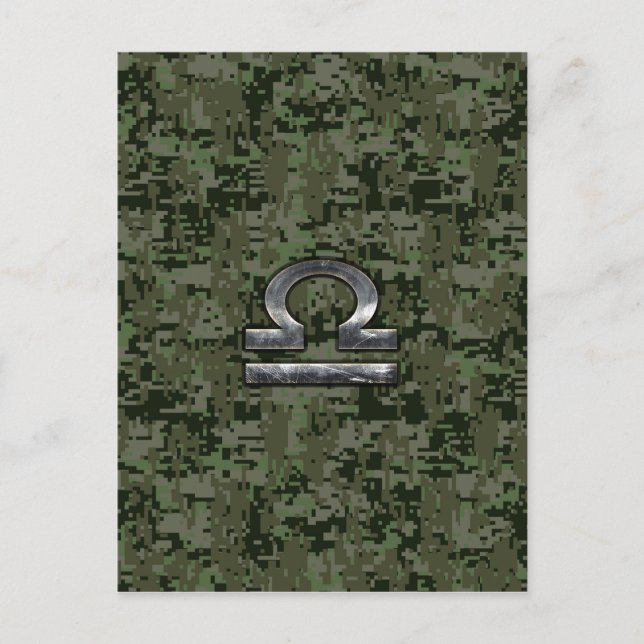 Libra Zodiac Sign on Woodland Green digital camo Postcard (Front)