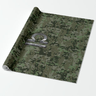 Libra Zodiac Sign on Woodland Green digital camo Wrapping Paper