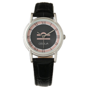 Libra Zodiac Sign Rose Pink Black Custom Name Watch