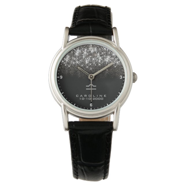 Libra Zodiac Sign Silver Glitter Stars Birth Date Watch (Front)