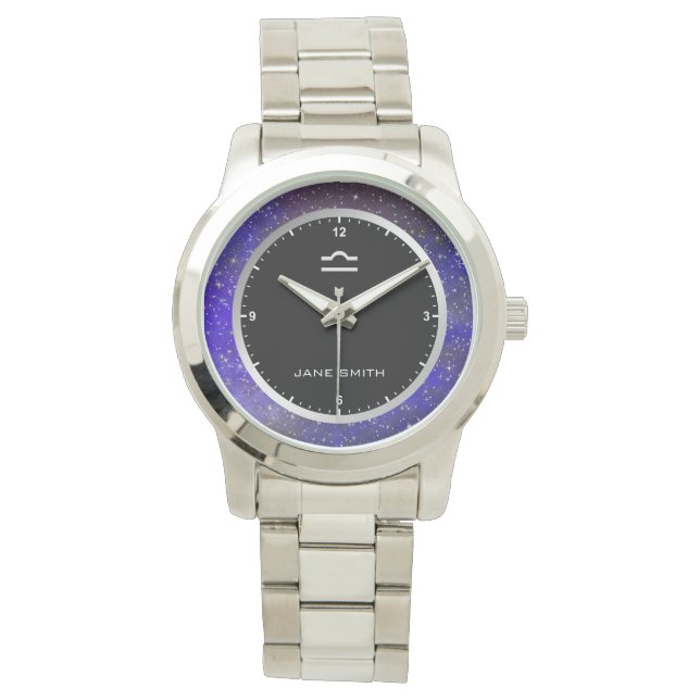 Libra Zodiac Sign Symbol Galaxy Stars Custom Name Watch (Front)