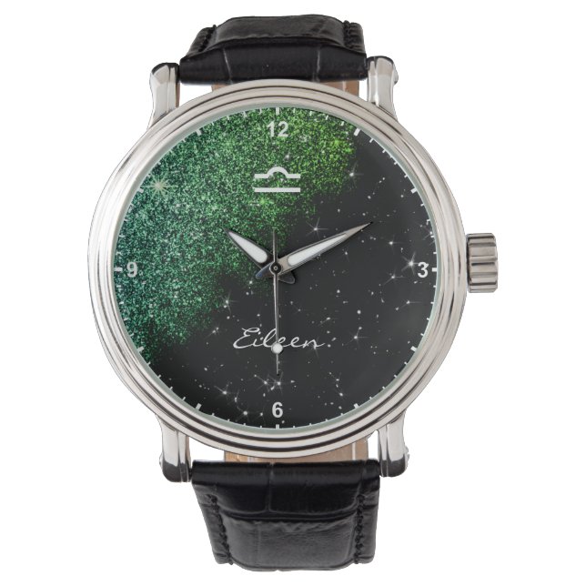 Libra Zodiac Sign Teal Green Glitter Stars Name Watch (Front)