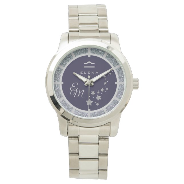 Libra Zodiac Silver Glitter Dark Blue Monogrammed Watch (Front)