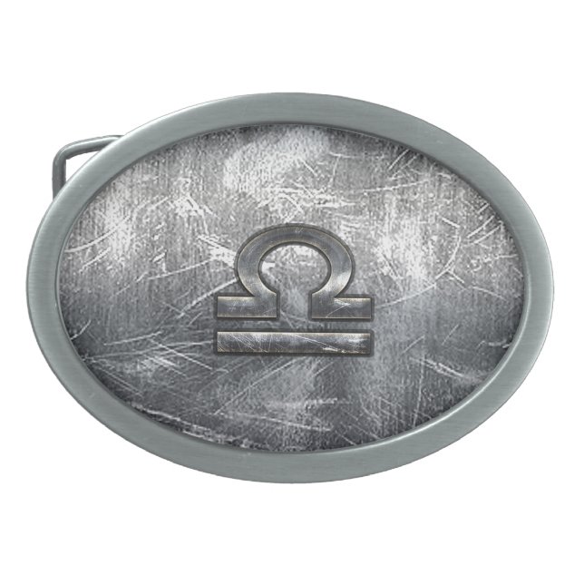 Libra Zodiac Symbol Distressed Industrial Steel Oval Belt Buckle (Front)