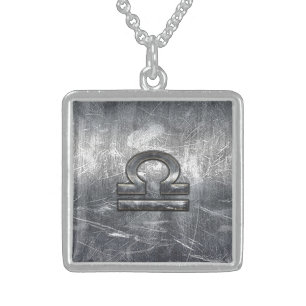 Libra Zodiac Symbol Distressed Industrial Steel Sterling Silver Necklace