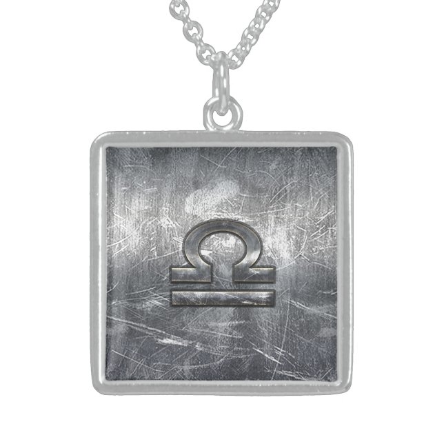 Libra Zodiac Symbol Distressed Industrial Steel Sterling Silver Necklace (Front)